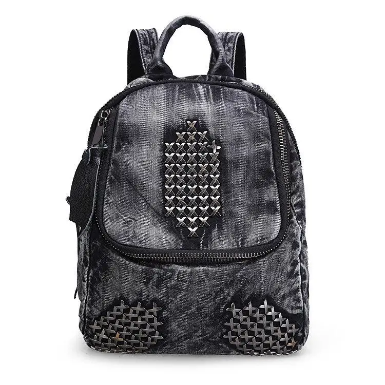 Vintage Fashion Rivets Denim Backpacks Studs Women Backpack Jeans Travel Women Bag Casual Daypacks Ladies Backpack