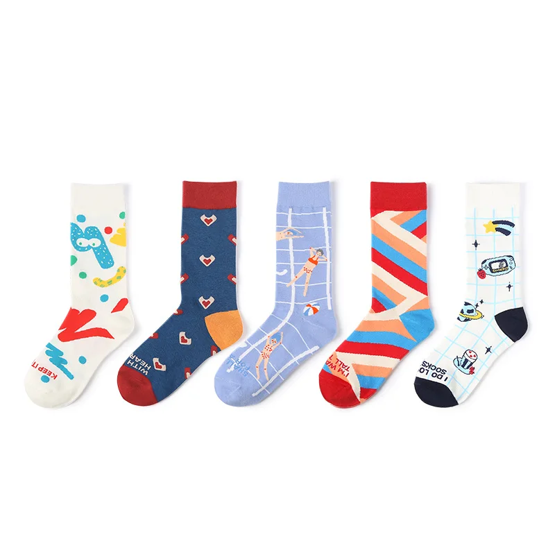 VVQI женские носки в стиле хараджуку kawaii, забавные носки, корейский Рождественский подарок, уличная одежда для пар, 5 пар, Мультяшные граффити, мужские носки в стиле хип-хоп - Цвет: 5pairs