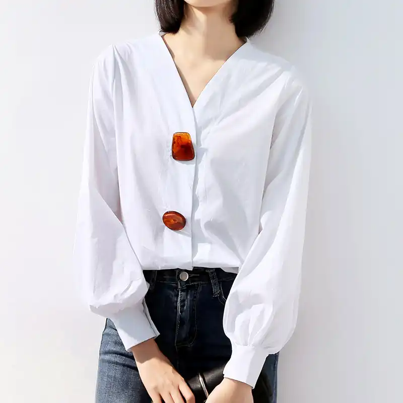 Belt Fashion Women Casual V-Neck Blouse Lantern Long Sleeve Shirt Style Korean