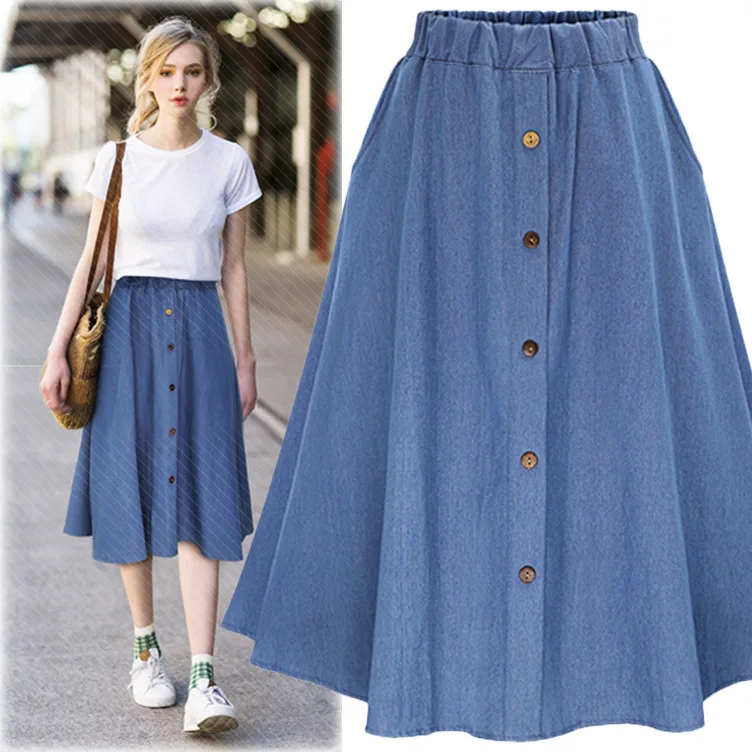 

Women Spring Summer Midi Skirts 2019 New Fashion High Waist Pleated Skirt Womens Elastic Waist Elegant Ladies A Line Jean Skirts