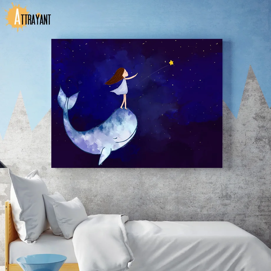 

Watercolor Cartoon Girl Whale Star Sky Wall Art Canvas Painting Nordic Posters And Prints Wall Pictures Baby Kids Room Decor