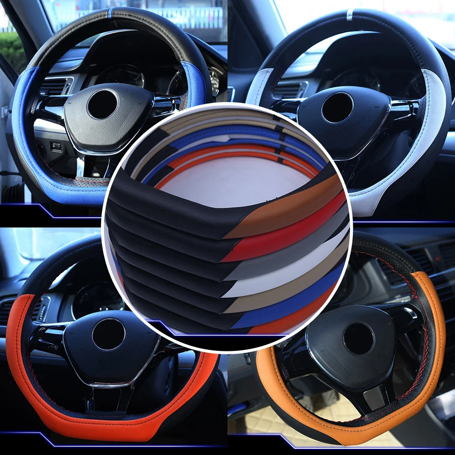 

Leather D Ring 38cm Sport Racing Steering Wheel Cover Car Styling Universal Fitment