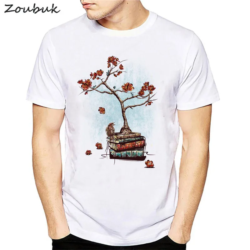 Vintage flower book bird printed t shirt 2018 summer fashion novelty tops funny short sleeve tshirts mens clothing plus size