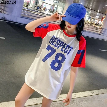 

Women's Round Neck Color Block Letter & Number Print Short Sleeve Loose T-Shirt