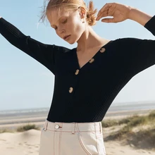 Осенний французский Стиль Для женщин с v-образным вырезом с длинным рукавом t-рубашка кофта футболки Повседневное пуговицы спереди дизайн вырез Kniiting одежда для мальчика верхняя обтягивающая футболка