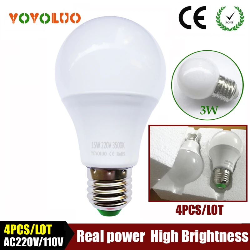 

YOYOLUO 4pcs LED Bulb Lamp E27 3W 5W 7W 9W 12W 15W AC110V 220V 230V 240V Cold White/Warm White Lampada Ampoule Bombilla LED