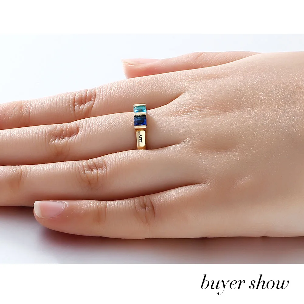Personalized Ring 925 Sterling Silver Classic Gold Color Blue CZ Ring Only Engrave Best Valentine's Day Gift (JewelOra RI101800)