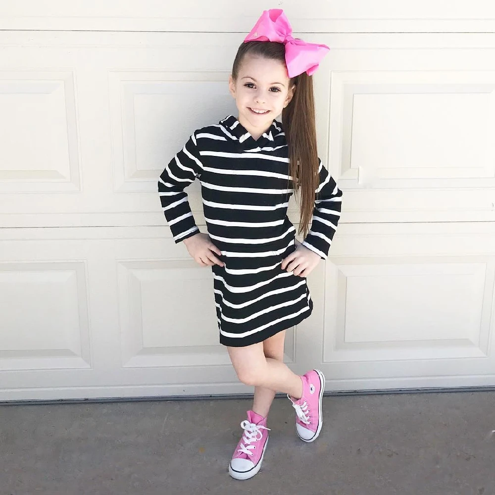 

Toddler Baby Girls Full Striped Hooded O-Neck Casual Newest Fashion Party Pageant Cotton Spring Autumn Dress Princess dress