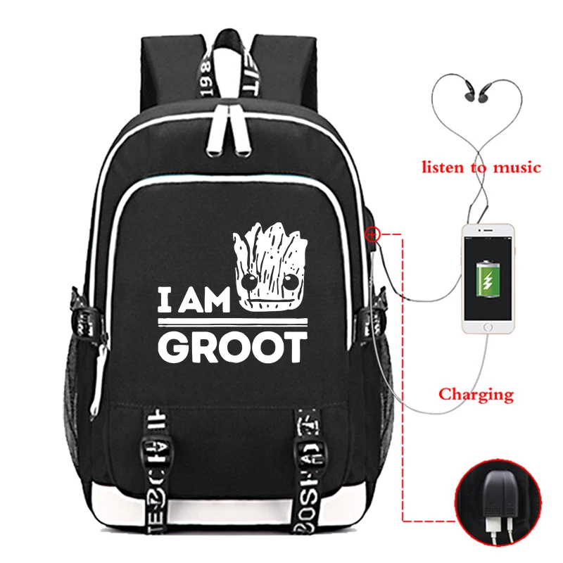 Рюкзак для ноутбука I AM Groot с usb зарядкой, школьный рюкзак для мальчиков и девочек, модный Противоугонный рюкзак, водонепроницаемый рюкзак для путешествий