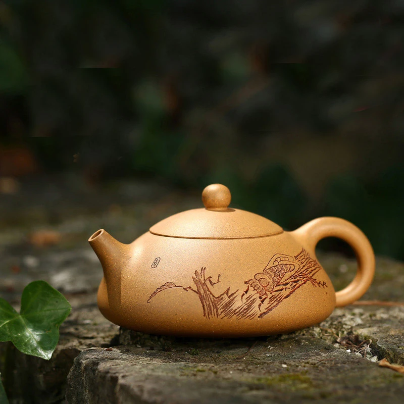 210ML Yixing Zisha Teapot Raw Ore Gold Duan Mud 9 Holes Dong Po Stone