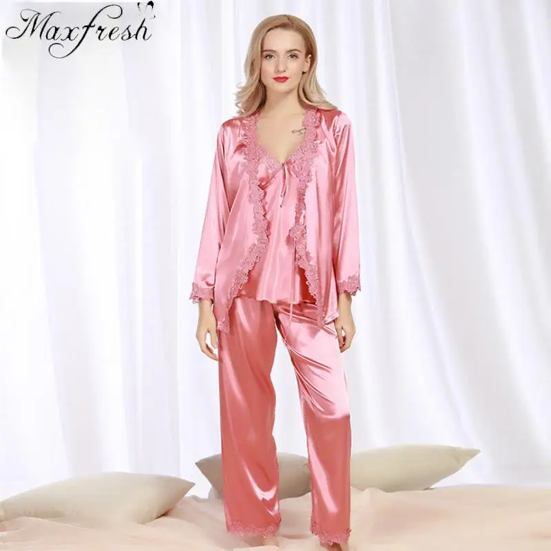 Maxfresh осень для женщин пижамы с длинными рукавами дамы три комплекта шелковые