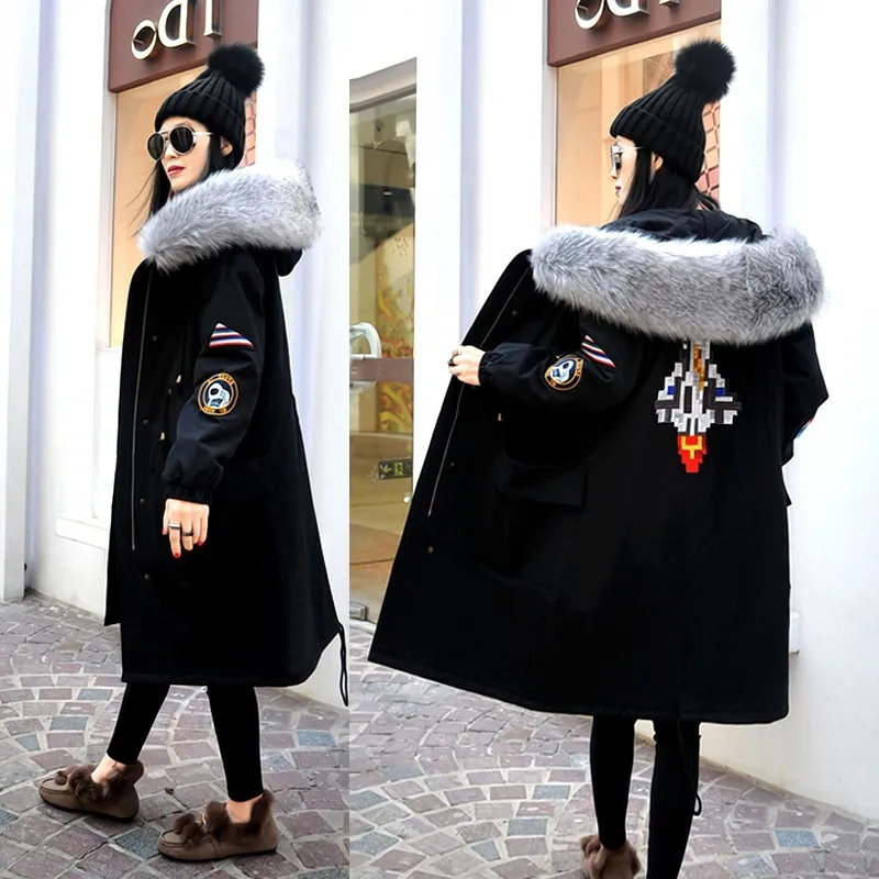 

2018 Winter jacket women hooed Removable imitation silver fox big fur collar jacket loose women's coat winter Outerwear J695