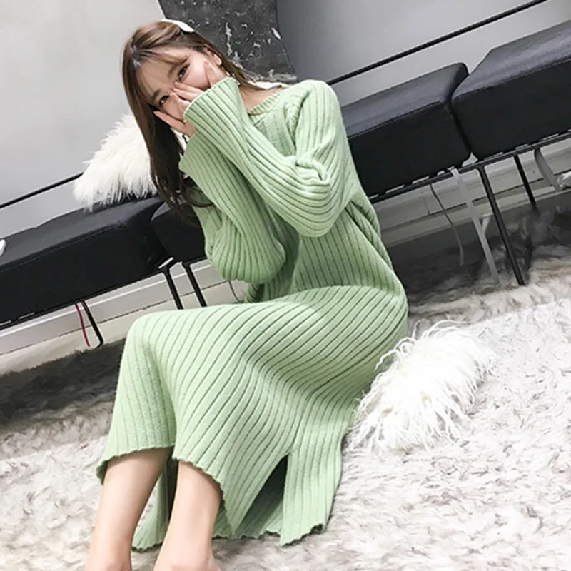 

Women Winter Knit Dresses 2019 Europe Long Sleeve O-collar Casual Loose Warm Maxi Sweater Dress Plus Size Women's Clothing