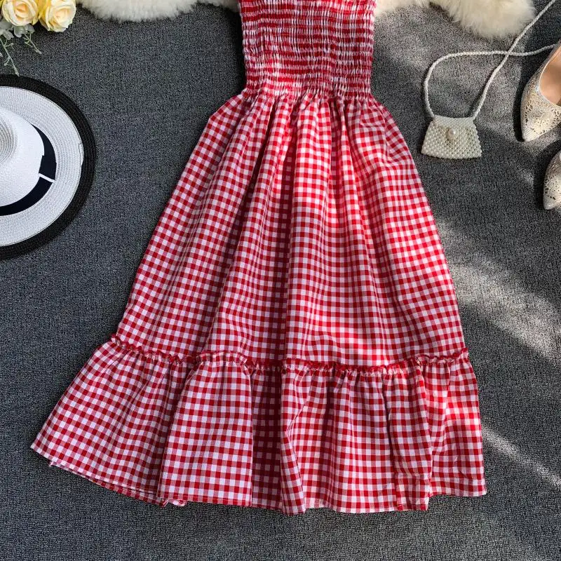 Slim Ladies Ruffles Vintage Plaid Print 2020 Sexy Summer Midi Dress Party Spaghetti Strap Women Casual Beach Elegant Vestidos