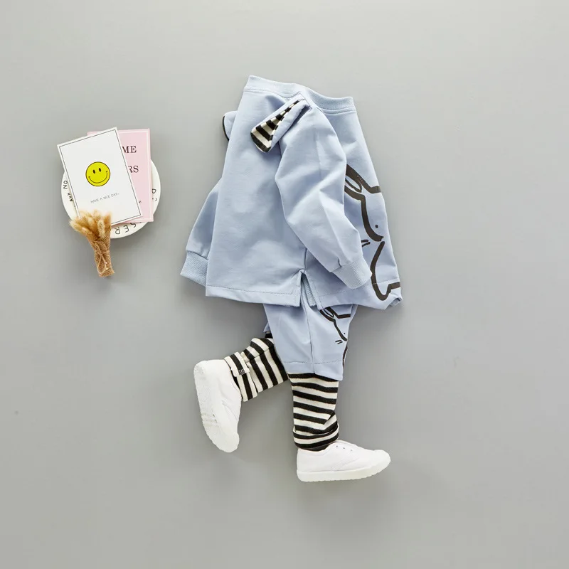 VIMIKID/комплекты одежды для малышей коллекция года, Осенний хлопковый топ с длинными рукавами и рисунком кролика+ полосатые штаны с фальш-вставкой комплекты детской одежды