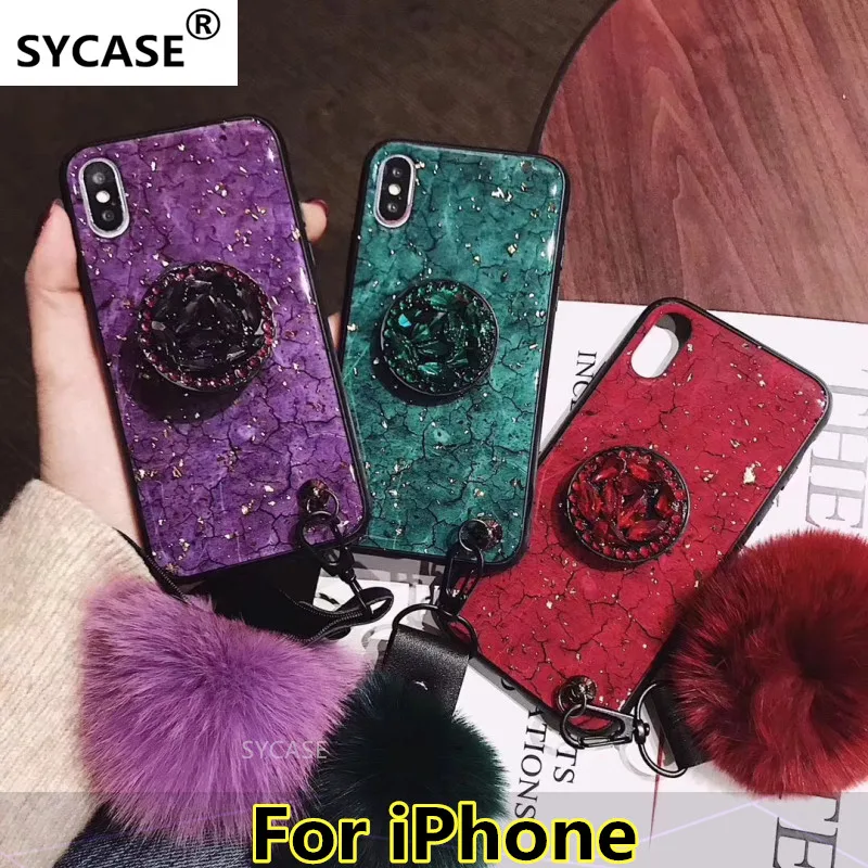 

SYCASE Luxury Epoxy Fashion Green Purple phone case For iPhone X XS XR XsMax 6 6S 7 8 Plus Rhinestone Stand Hair Ball Soft Cover