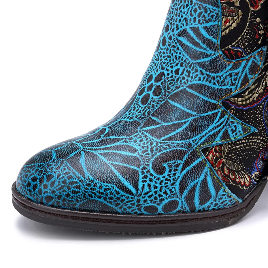 Retro Bohemian Knee High Boots Women Shoes Genuine Leather Cowgirl Women Boots Autumn Winter Vintage Zip Block Colors High Heels (16)
