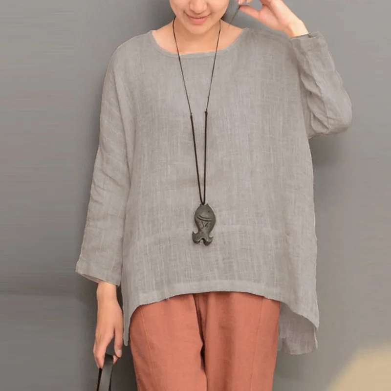 Acheter Automne D été ZANZEA Femmes Blouse À Manches Longues O Cou de Split Irrégulière Ourlet Coton Lin Pull Chemise Haut OL Casual Blusas