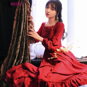 

Red Evening Gowns A-line Simple Royal Evening Dress Party Formal Vestido De Noche Long Sleeve Lace Muslim Evening Dresses ES2597