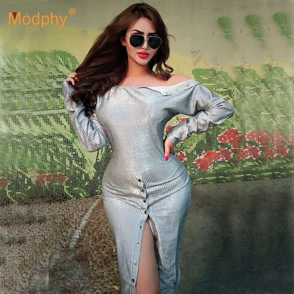 

2019 new silver sexy women's midi dress long sleeve draping asymmetric Bodycon dress club celebrity party dress Vestidos