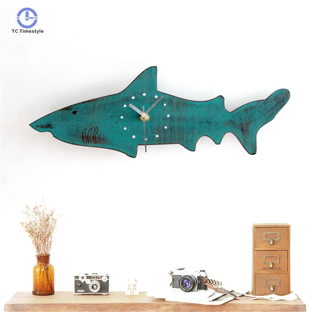 

Wall Clock Retro Rural Style Vogue Colorful Big Shark Shape Geometric Silently Clock For Home Decoration Accessories Modern