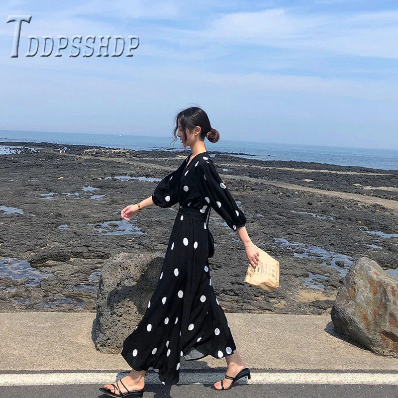 

2019 Spring Plus Size Women Dress Polka Dot V Neck Female Dresses