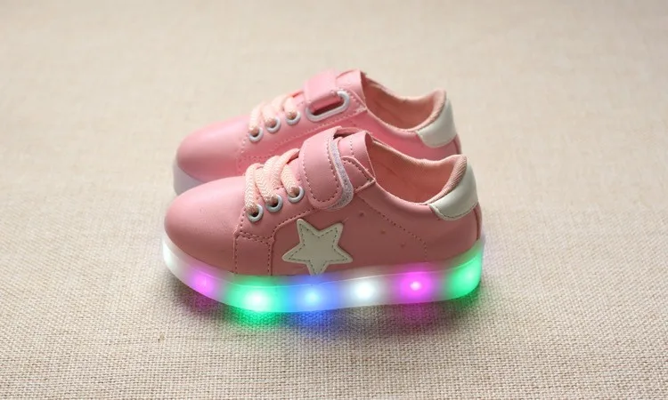 Hook& Loop solid карамельный цвет детская повседневная обувь со светодиодной подсветкой для маленьких девочек и мальчиков кроссовки теннис спортивные дети малышей - Цвет: Розовый