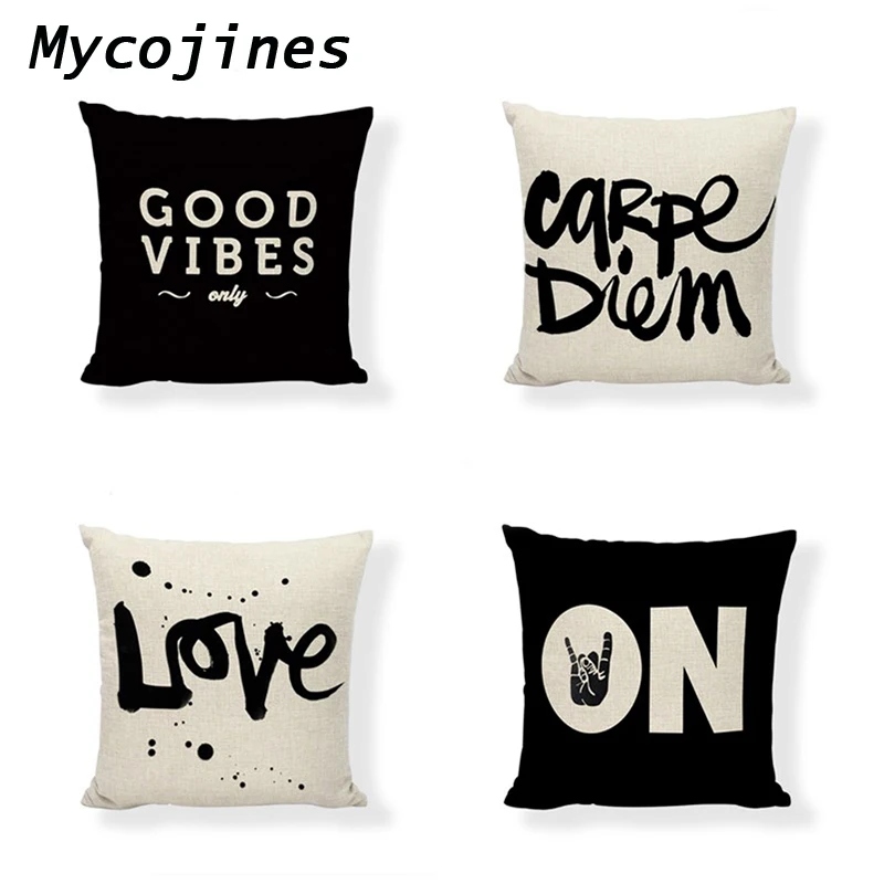 

Good Vibes Cushion Cover Black and Beige Letter Printing 45*45cm Linen Throw Pillow Covers Home Bedroom Office Decor Pillowcase