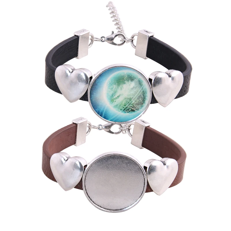 

SWEET BELL 5pcs fit 25mm heart Round cabochon bracelet blanks diy PU leather bracelets base settings for jewelry making D6467
