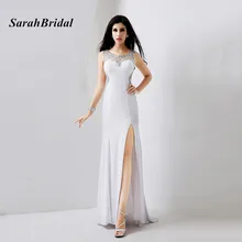 Real Pictures Elegant See Through Split Front White Long Evening Dresses With Crystals In Stock longo