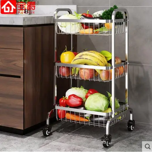 

Kitchen vegetable rack floor - to - floor 304 stainless steel thickening multi - layer wheeled fruit storage and storage shelves