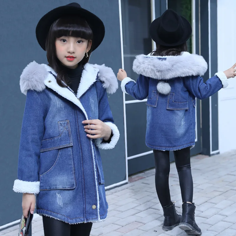 

2018 Girls Denim Jacket Winter Thick Coats Fashion Kids Hodded Coat Girl Clothes Cowboy Fur Collar Outerwear Children Clothing