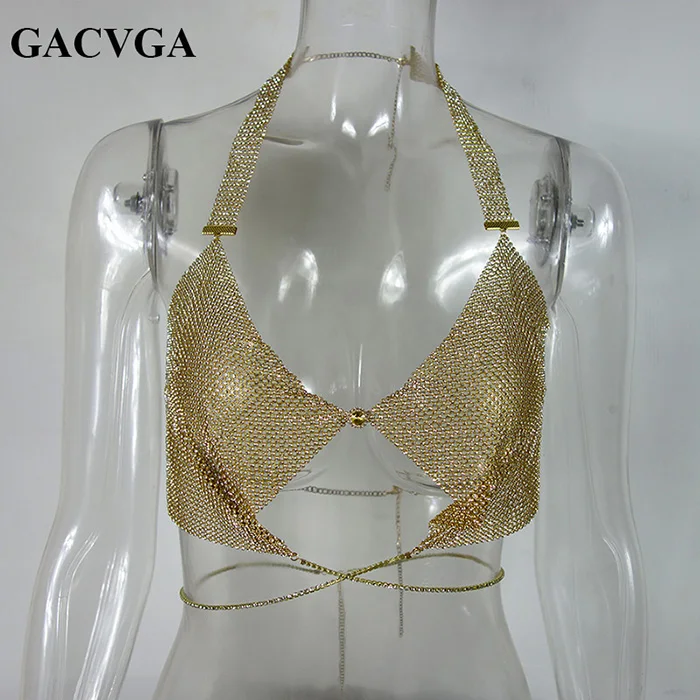 GACVGA, летний укороченный топ, сексуальные Лифчики, женская футболка с v-образным вырезом и кристаллами, топы с бретельками, открытая спина, бюстье, металлический топ на бретелях, bts - Цвет: Gold