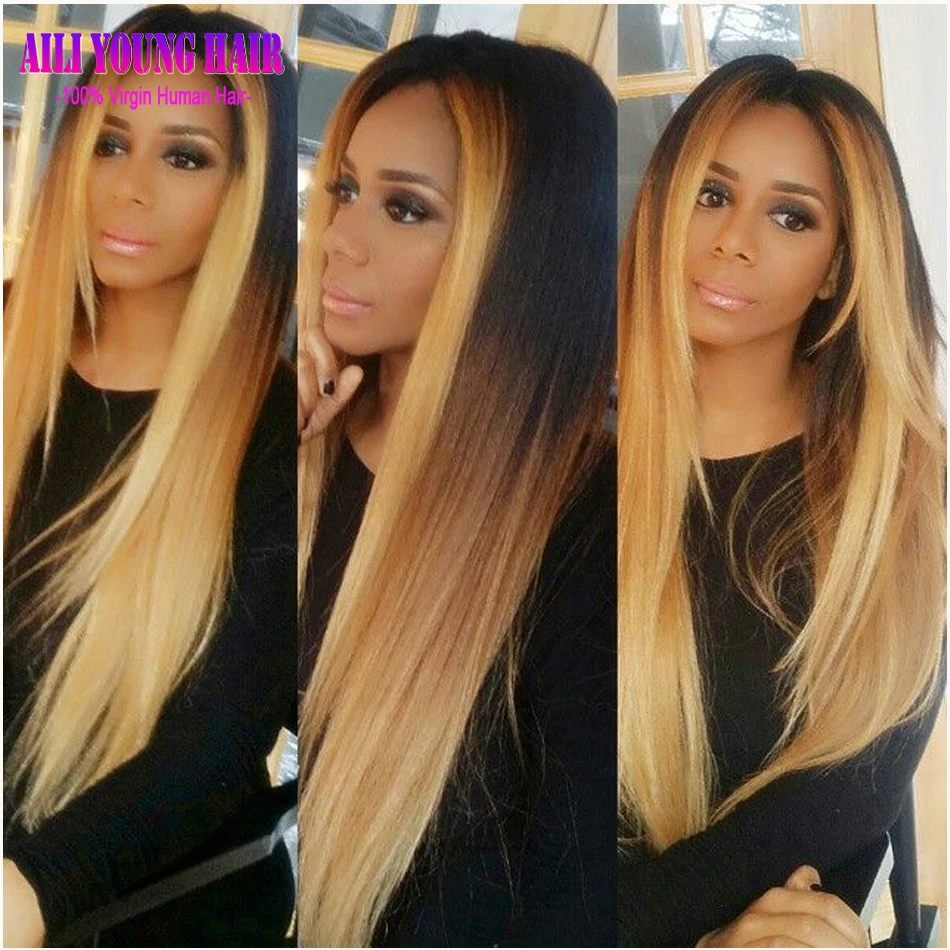 Straight hair 1B 4 27 ombre lace front human hair wigs 100 virgin brazilian glueless full