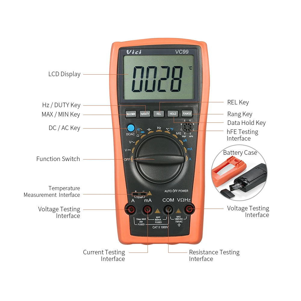 VC99 Цифровой мультиметр Цифровой Multimetro Автоматический диапазон 1000 В DC AC тестер сопротивления цифровой вольтметр Амперметр емкость диод