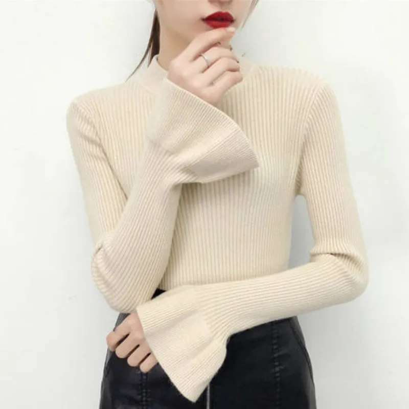 

turtleneck Sweaters Women Autumn Winter Fashion Basic Pullover Female Jumpers Trumpet sleeves Pull Femme Casual Knitted korean