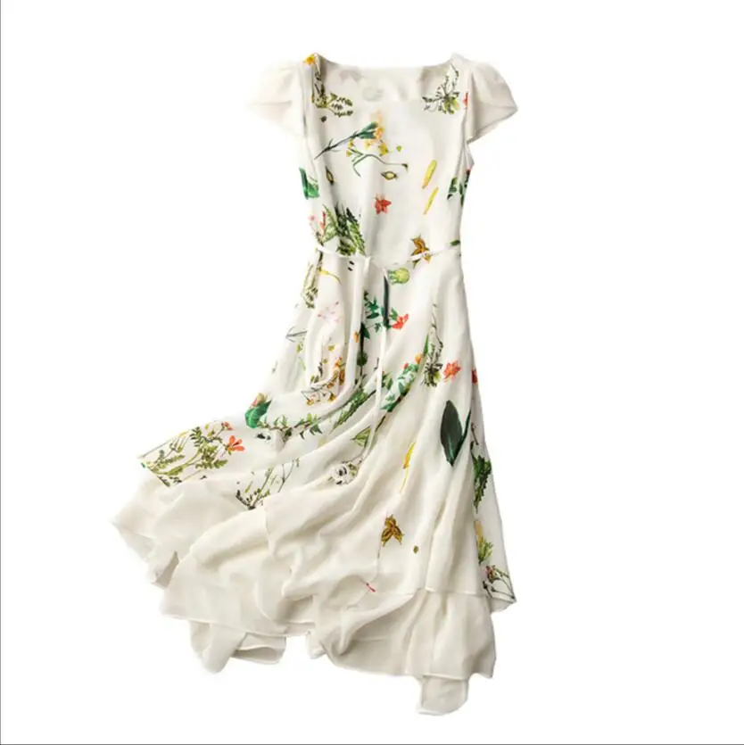 2021 Fashion Women Shell 100% Silk Dress Summer Casual O-Neck Pastoral Style Dress Women White Print Dresses Free Shipping