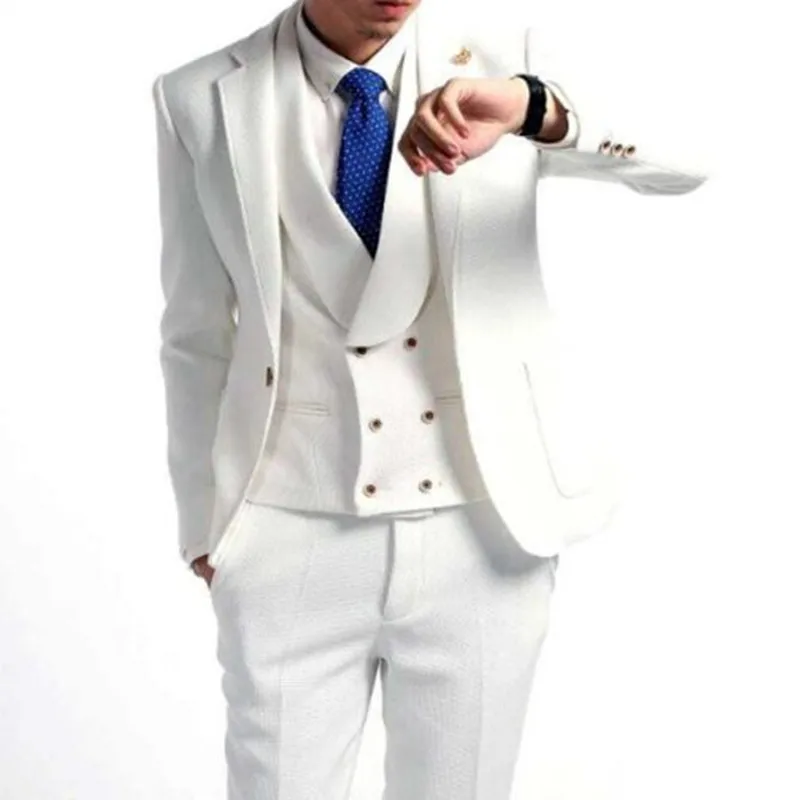 Белый смокинг для жениха Для мужчин свадебные костюмы для выпускного пиджак с брюками (куртка + брюки + жилет) костюм сделал Плюс Размеры Terno