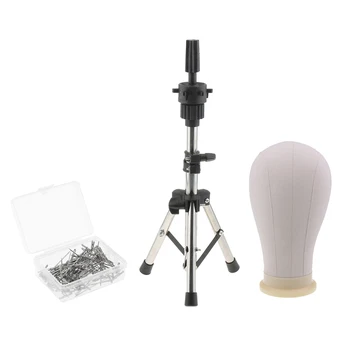 

Cork Canvas Block Head Mannequin Head with Metal Adjustable Tripod Wig Stand for Wigs Making with 100pcs 38MM T Pins