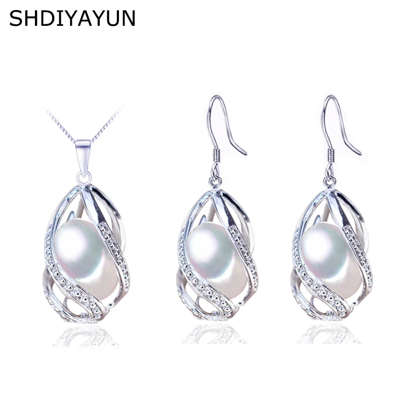 

SHDIYAYUN Pearl Fine Jewelry Set 925 Sterling Silver Jewelry Natural Freshwater Pearl Beads Cage Necklace Earring Set For Women