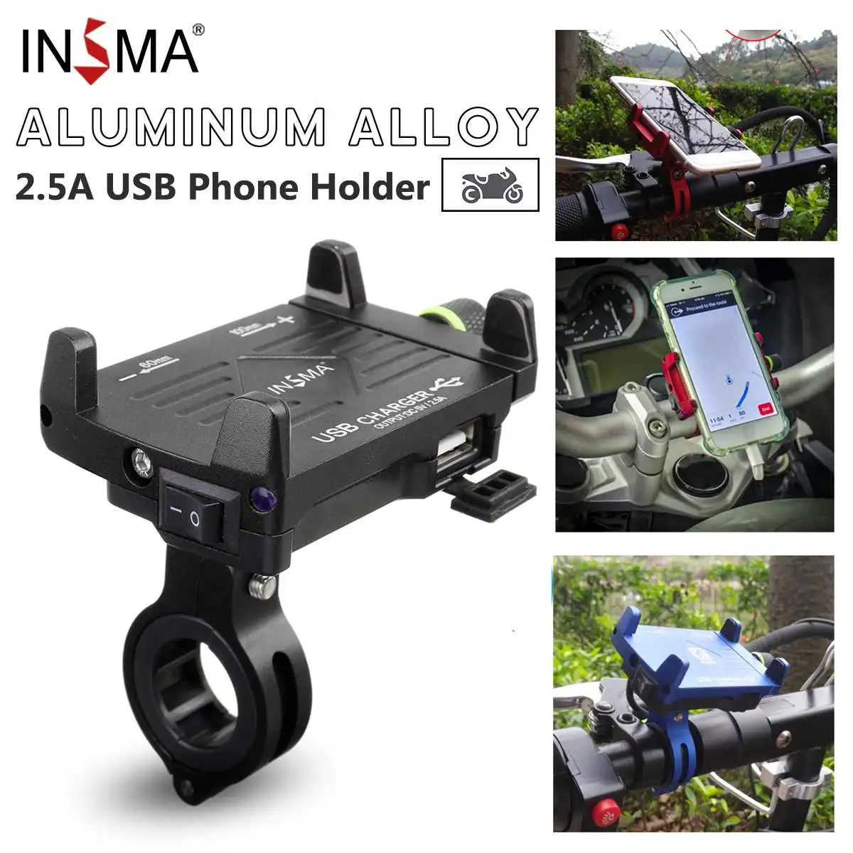 INSMA 2.5A алюминиевый держатель для телефона мотоцикла с USB зарядным устройством держатель для телефона крепление для мотоцикла Электрический горный велосипед
