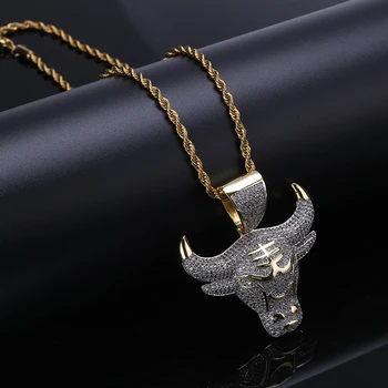 

Hip Hop Bling Ice Out Rapper Micro Paved Red AAA CZ Stone Bull Head Tau Pendants Necklaces for Men Rapper Jewelry Gold Color