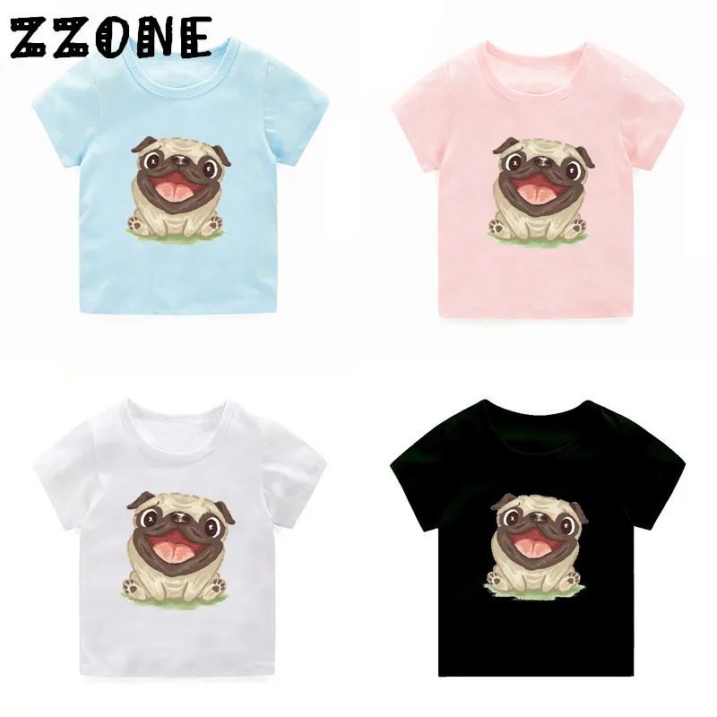 Children T-shirt Watercolor Pug Print Kids T shirt Summer O-Neck Tops Boys Girls Cute Dog Baby Clothing,2162C