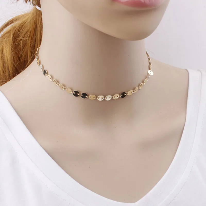 

1PC New Lady New Gothic Alloy Shine Golden Silvery Sequins Chain Choker Women Necklace Fashion Jewelry