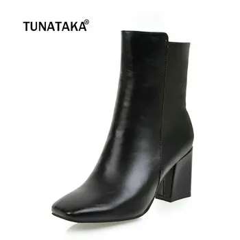 

Ladies PU Leather Thick Heel Ankle Boots Fashion Zipper Square Toe Fall Winter Bootie Black White Wine Red