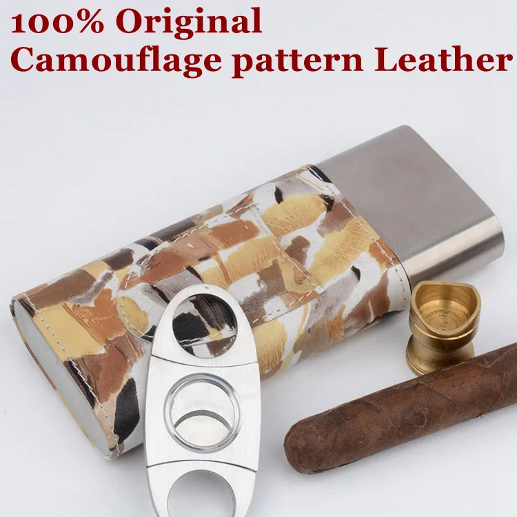 with cigar cutter Кожаный чехол для сигар с камуфляжным узором и 3 пальцами для путешествий, держатель для сигар для кемпинга с обрезчиком для сигар - Цвет: with cigar cutter