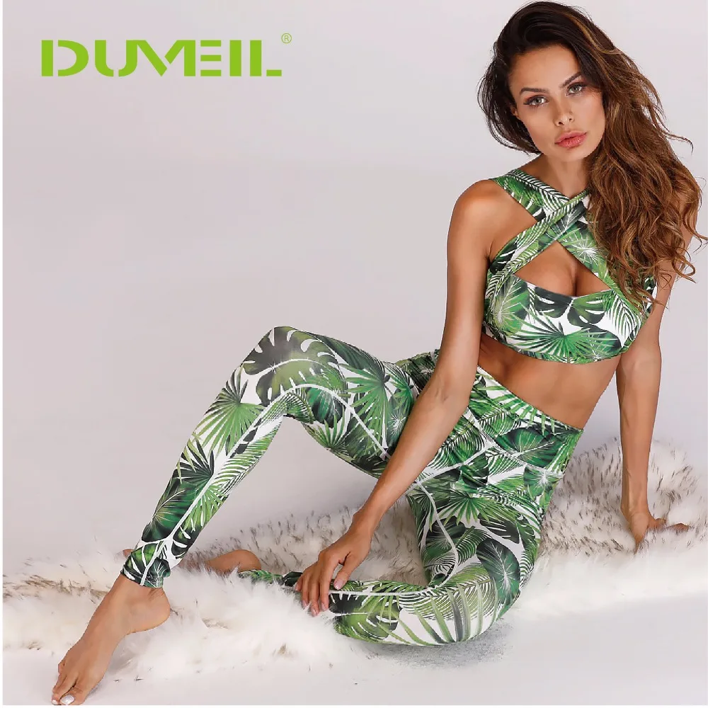 

Leaf Printed Cross Shoulder Sports Suit Women Yoga Bra+Yoga Pants Fitness Yoga Set Printed Gym Running Patchwork Sportswear