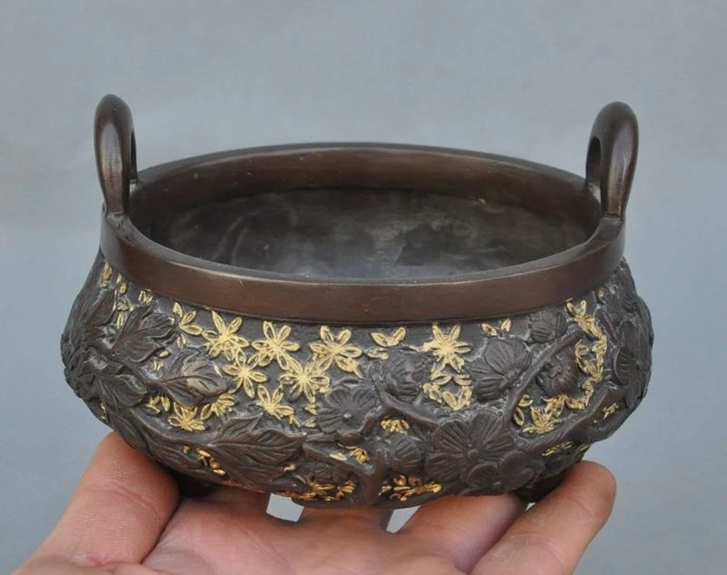 

Old China Chinese Gilt pure Redbronze Carved Flower Incense burner Censer