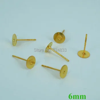 

6mm Blank Earrings Bases Settings Flat Circle Bezel pad Cabochon Pin Stud Earrings Post Crafts Findings Golden tone Wholesale