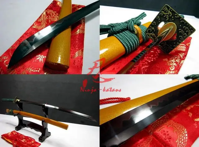 

clay tempered T-10 steel battle ready blade japan katana wave tsuba yellow sword